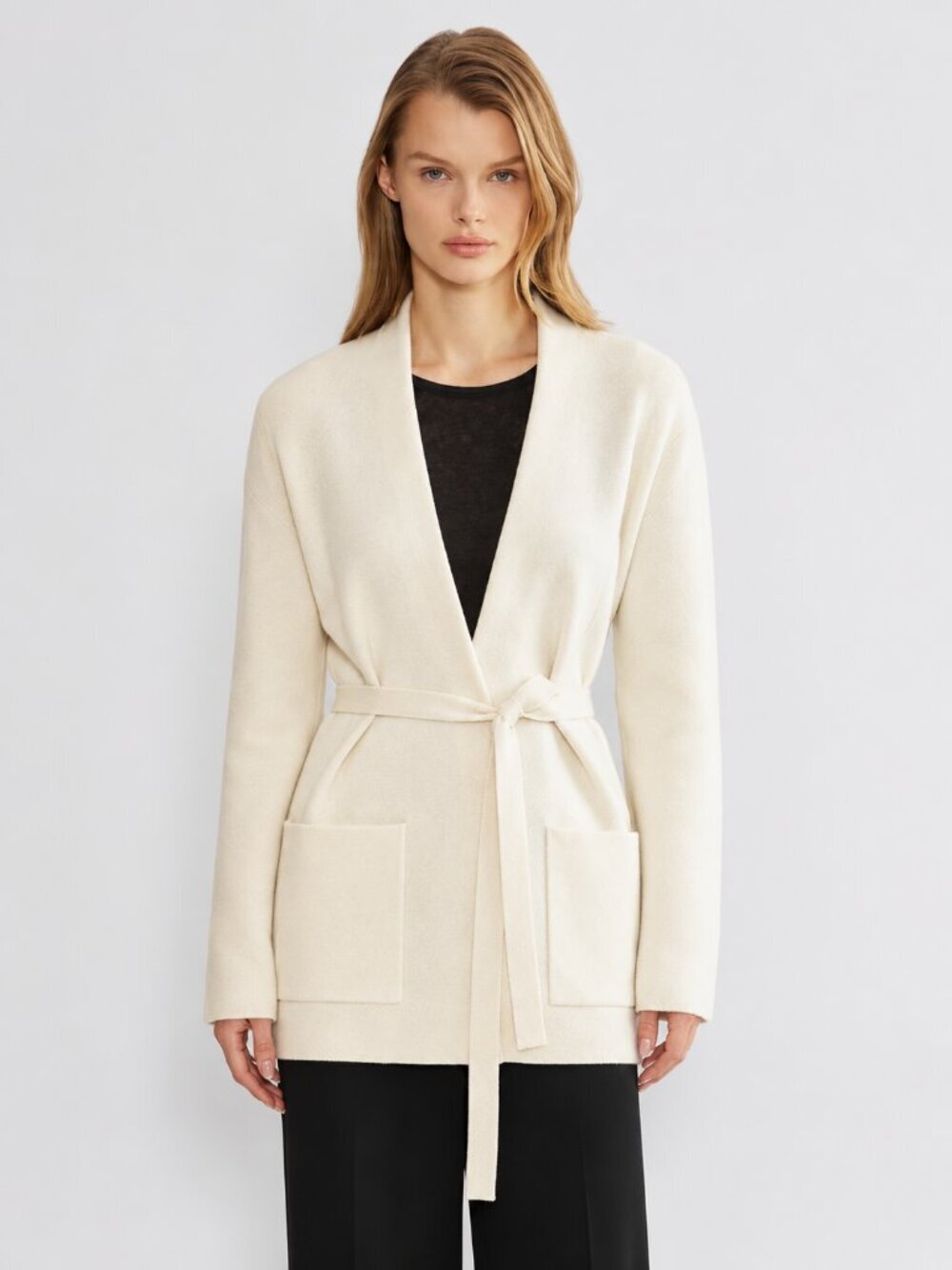 Aritzia Babaton Ty Short Cardigan Open Front Knit Tie Sweater Light Birch Small
